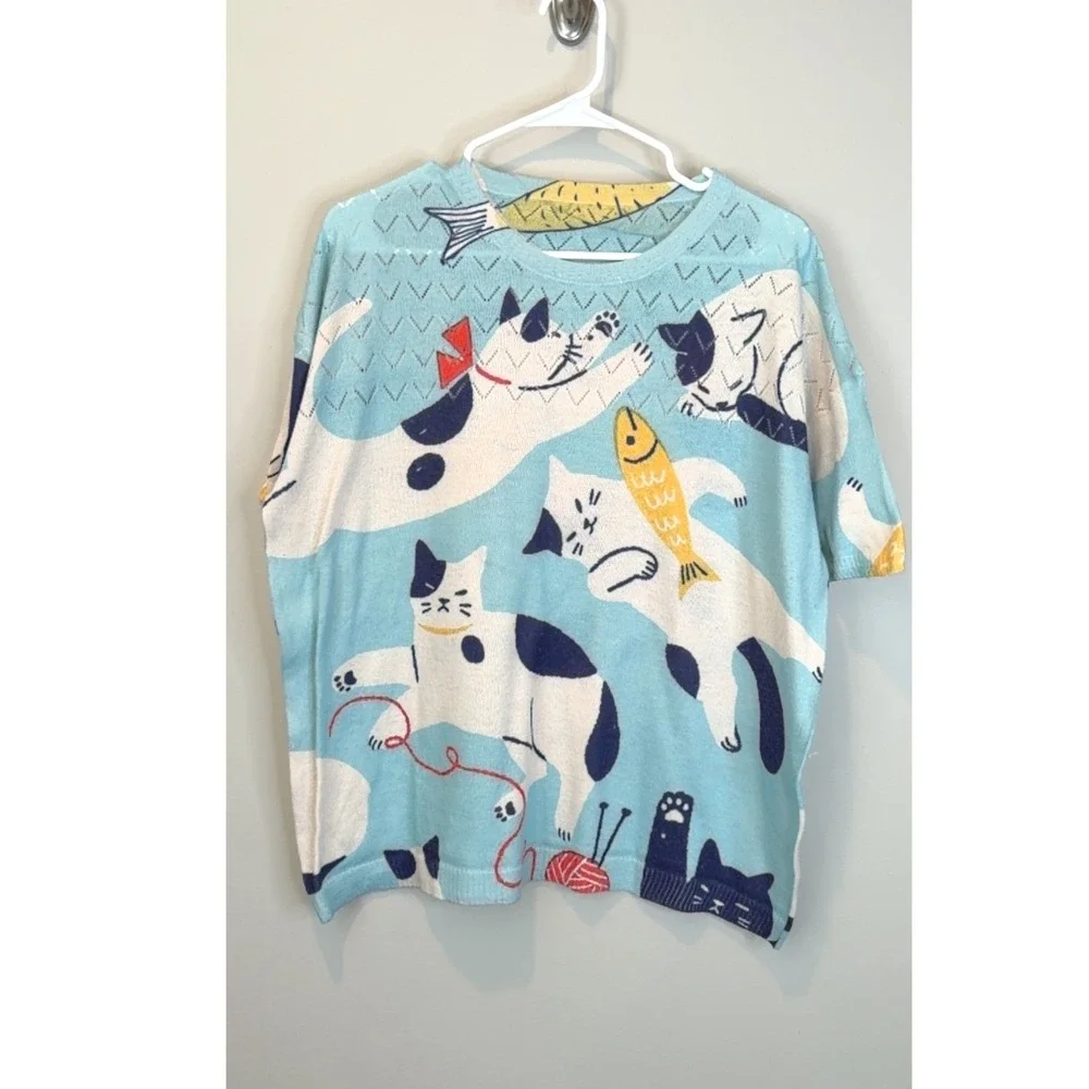 Unbranded Blue Cat‎ Print Knit Top Short Sleeve Whimsical Fish Pattern Sweater